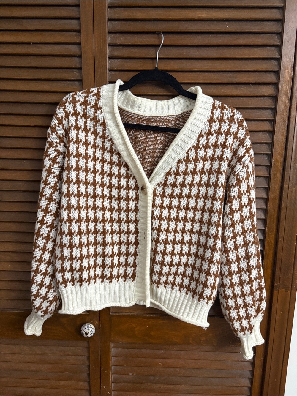 Cream and Brown Houndstooth Button-Front Women's Sweater Cardigan